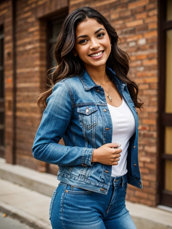 a laughing latin woman wearing a blue denim jacket, realistic photo, sharp focus, 4k resolution, Full shot, blue background