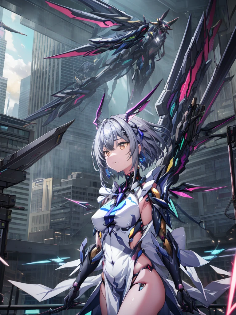 highest quality、very詳細な、masterpiece、Super detailed、enlightenment、((1 girl))、silver hair、hair length、floating hair、、cyber city、Neon building、(Upper body:1.05)、very_become familiar with_eye_and_face,cybernetic wings mechanical wings、random posture、Skyscraper、、Mechumusume、shrine maiden costume,Maid clothes、random angle、anime style,cowboy shot