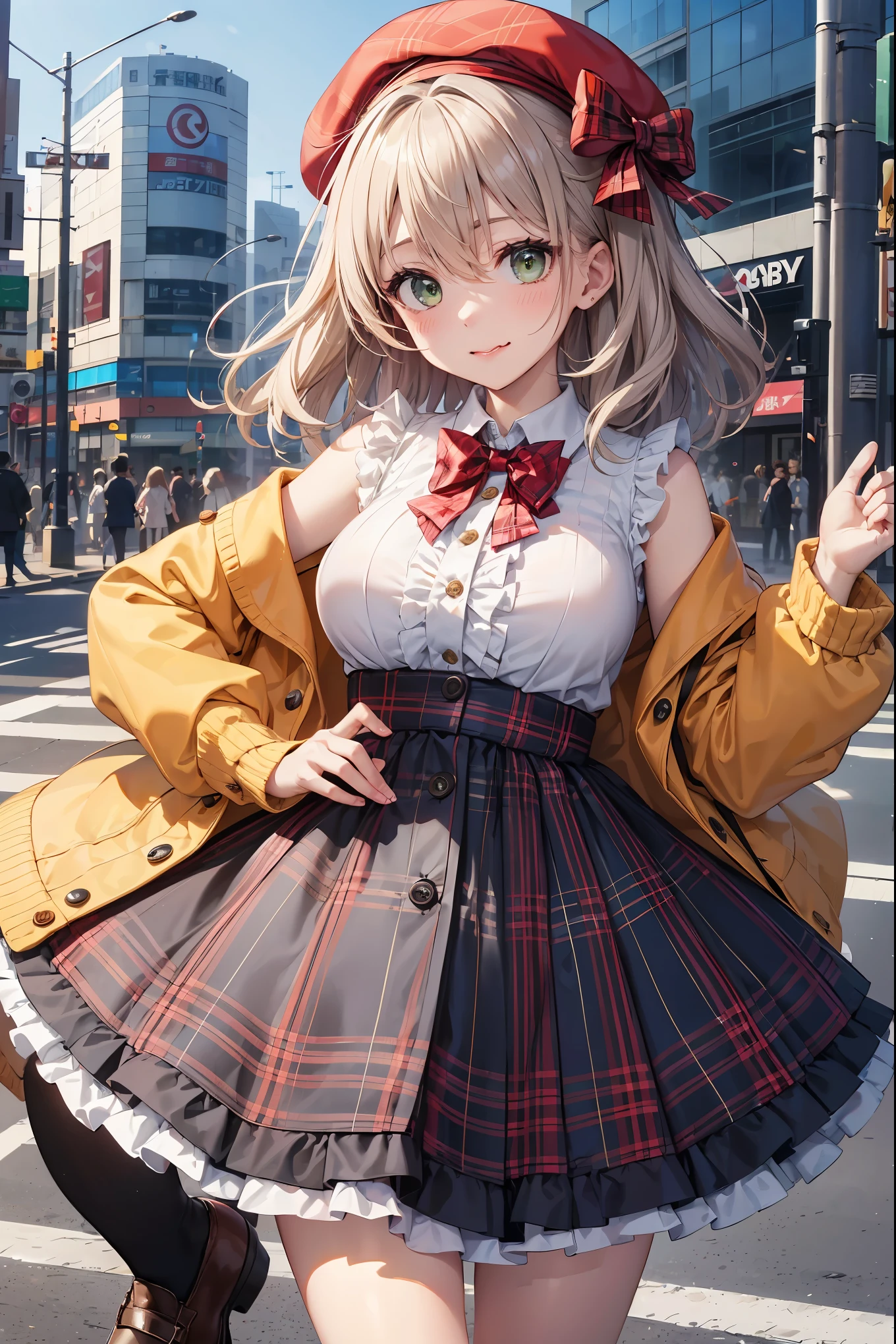 insanely detailed、disorganized、ultra high resolution、Super detailed、highest quality、 1 girl、solo、nice hands、Perfect hand breaking (Vintage style beret with flower pin:1.3)、(navy&red plaid dress:1.5)、(Gold buttons on the front:1.2)、(frills、Red bow tie、Ivory blouse:1.4)、(peach cardigan、cable knit patterns:1.3)、(Black tights:1.1)、(red mary jane shoes:1.2) destroy laugh、open your mouth、wavy mouth、 cute pose、cowboy shot、looking at the viewer breaking slender、cute、Perfectly symmetrical face、Super cute女の子、Super cute顔、Super detailedな目、Super detailedな髪、Super cute、super beautiful、 destroy harajuku、Shibuya、Tokyo、street、crowd、cityscape、 big breasts break (medium hair、Dark green eyes)、hair between eyes