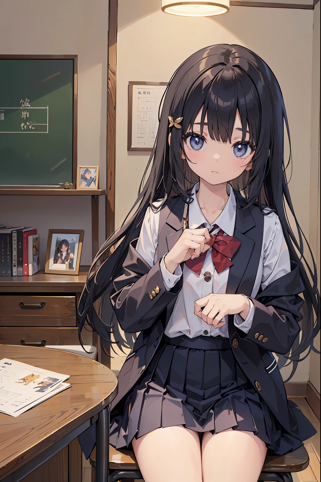 1 girl, ((((masterpiece))), highest quality, highest quality, Haisole, 1 girl, A neat uniform that is popular in Japanese uniform design、The most realistic high school girls' uniform with attention to material texture and detailed design.、 School uniform, cute hairstyle and hair ornaments, long hair, black hair, Realistic, complex and detailed eyes、A girl whose complex and uneven surfaces are realistically reproduced.、, alone, red, 濃い青色のブレザーにredい細いリボンが付いています, Plain white button shirt under blazer, figure, comics, pleasant tone, calm colors, soft movie-like light, Adobe Lightroom, photo lab, HDR, complex and highly detailed, (((Depth of bounds written))))). (((masterpiece))). (((highest quality))).) ((Super detailed))). (((figure))). (((indoor))). (((chestに手を当てる)))). chest,(((room))).dynamic focus.均整の取れたバランスの良いchest.