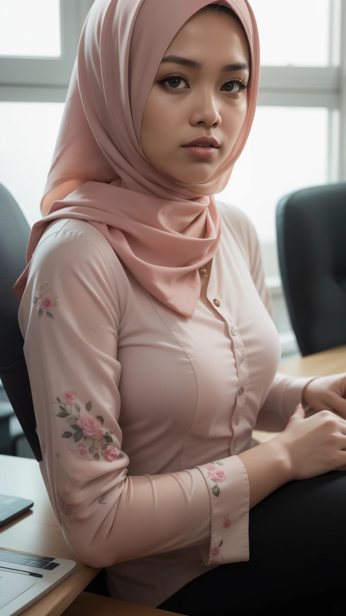 mira filzah seating in meeting room angry, angry pose, angry face, meeting room, morning, (mira filzah:1.3), wearing hijab, pastel color hijab, pink pastel office outfit, pink suits, small tits, small breast, flat chest, wide waist, thick thighs, bright lighting, white lighting,