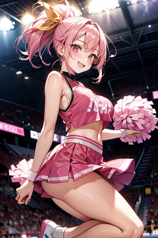 one girl、pink hair、pink eyes、ponytail、yellow ribbon、cheerleader、open your mouth、smile、Basketball Venue、Yellow pompons、big breasts、One female、Full support、best style、beautiful legs