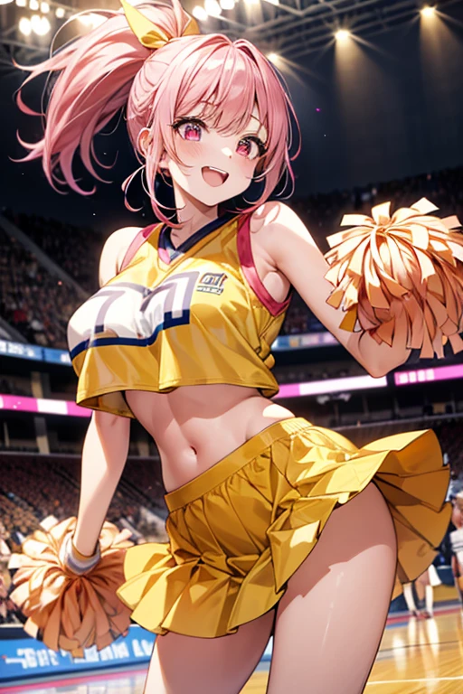 one girl、pink hair、pink eyes、ponytail、yellow ribbon、cheerleader、open your mouth、smile、Basketball Venue、Yellow pompons、big breasts、One female、Full support、best style、beautiful legs