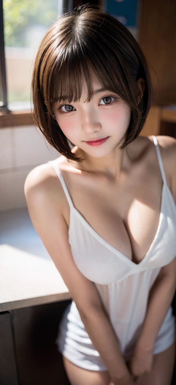 from below, looking at camera, naked body, Tasty-looking dishes, kitchen, 段ボールの中に入っているbeautiful girl, colorful hair, kiss face, idol face, handsome face, blur the background, bob cut, very huge breasts, ************,  In addition, smile, masterpiece, highest quality, RAW photo, realistic, beautiful girl, cute, short hair, Depth of written boundary, High resolution, Super detailed, small details, very detailed, very detailedな目と顔, sharp pupils, cinematic lighting