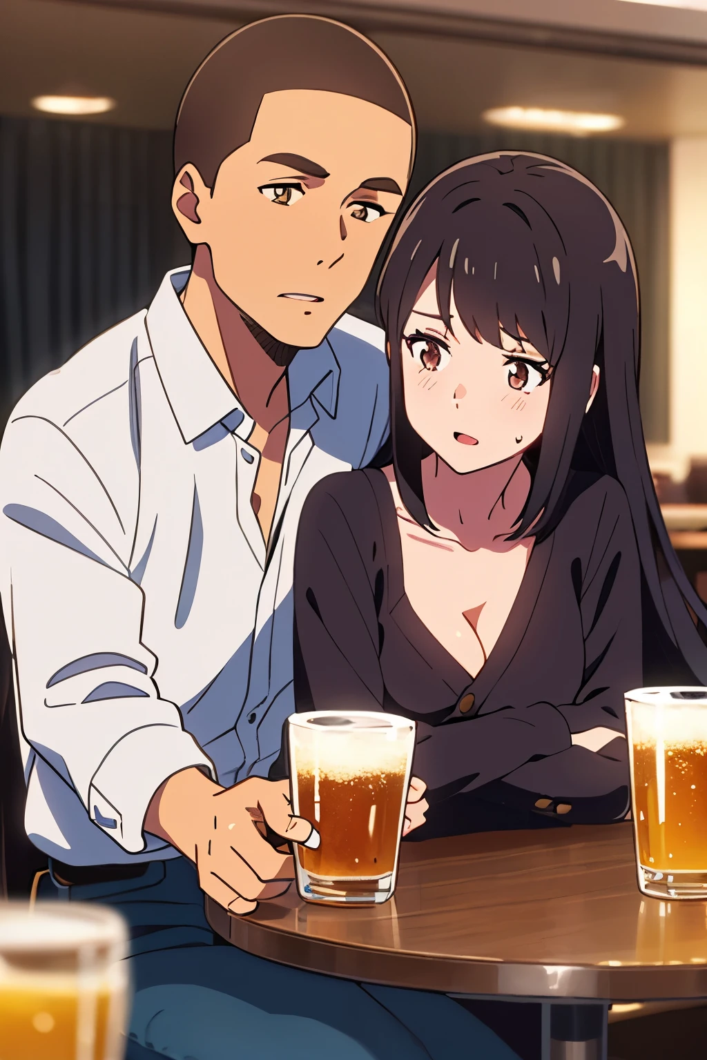 shinkai makoto, kimi no na wa., 1boy, buzzcut, office attire, boy's arms placed over girl's shoulder, drunk, boy sit beside girl, boy caressing girl's body, 1girl, bangs, black hair, brown eyes, open mouth, blush, twisted half up, red ribbon, long hair, long sleeve light yellow cardigan, open shirt, white shirt, cleavage, breast, medium breast, blue pants, drinking party,nomikai, table, food drinks, beer, indoors, night, masterpiece, perfect anatomy, cowboyshot,