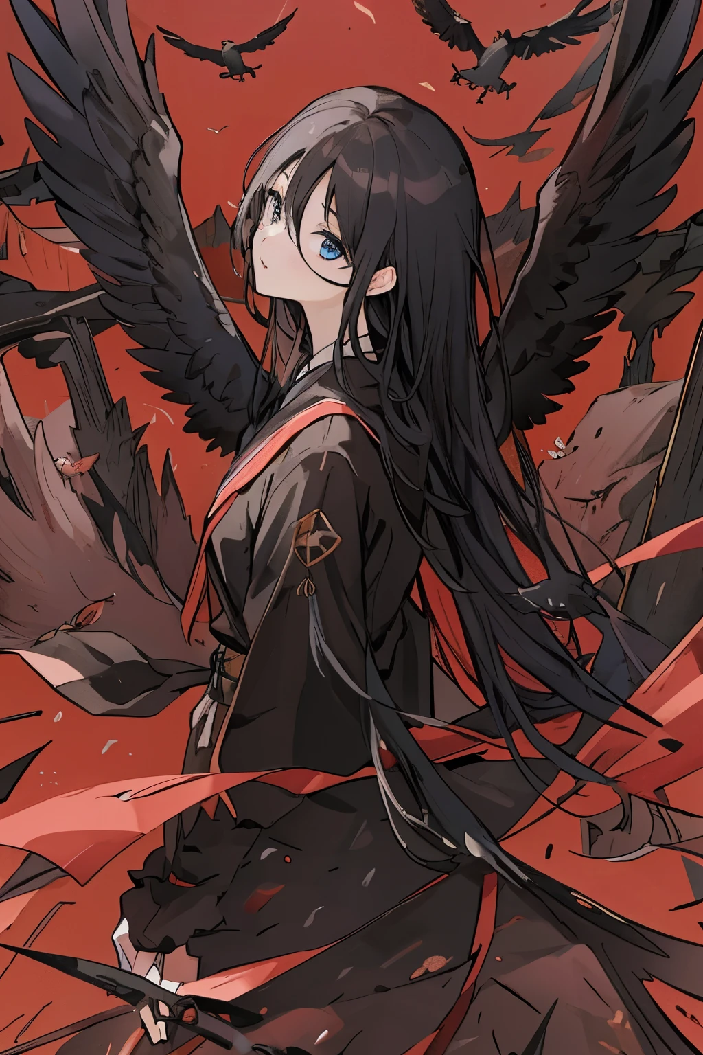 彼女の周りを飛んでいるCrowの黒いシルエット, Cute girl anime visual, one girl, 4k, skirt, Girls' Frontline CG, 4k manga wallpaper, small details.4k anime wallpaper, rorish、black hair、long hair、Crow、whole body、Landscape、dark、空がdark、beautiful eyes