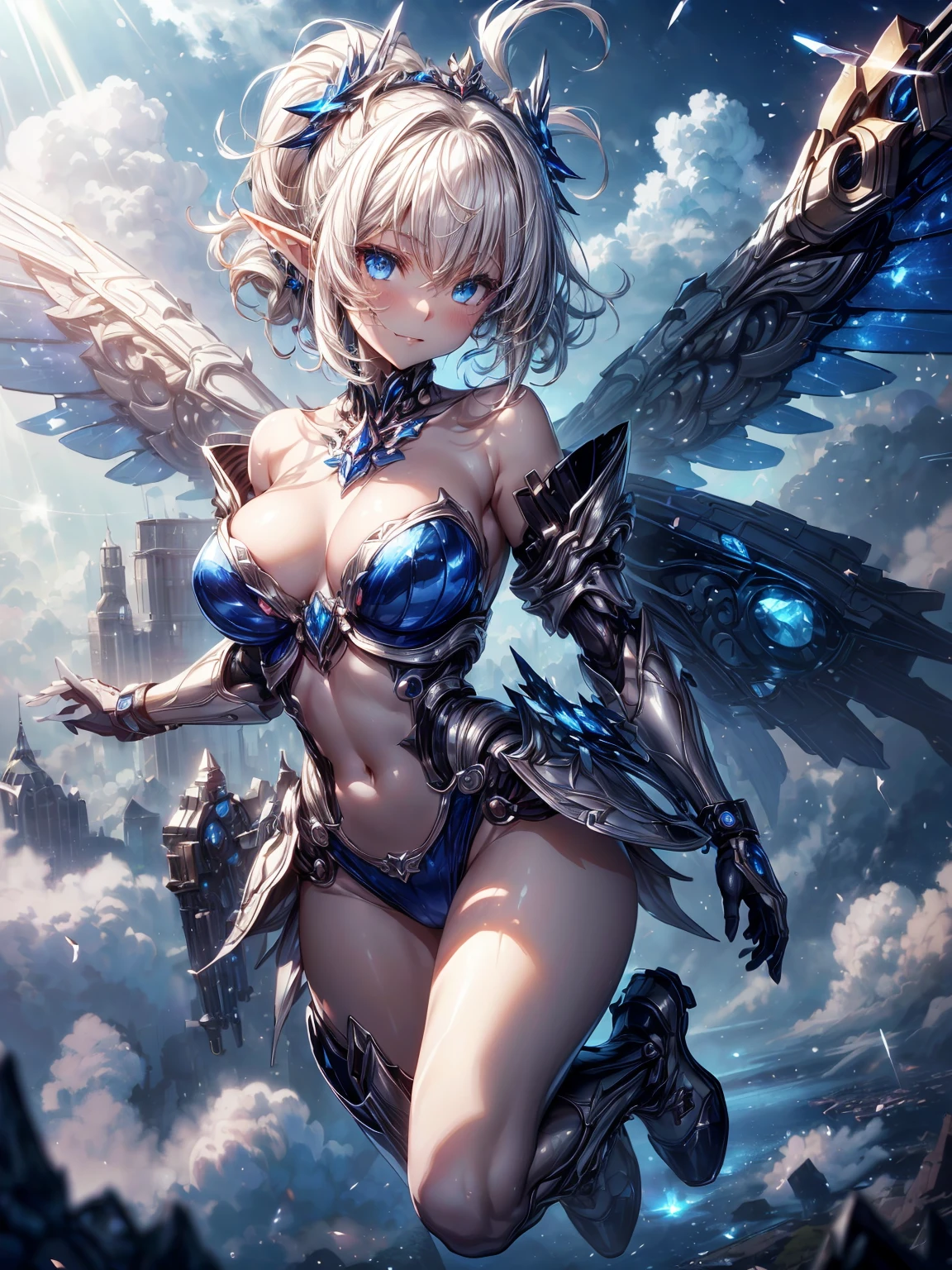 (masterpiece、highest quality, wonderful, very detailedティッカーユニティ、8k wallpaper, Depth of written boundary, Ultra-fine illustration:1.5)、。.。.3D, very detailed, (Full body Esbian、Mecha elf girl:1.3), sci-fi battlefield, Hawken, smile, open your mouth、short ponytail hair, (white blonde hair, deep blue eyes:1.2), sparkling eyes, cute顔, cute, big breasts, delicate hair, messy hair, (((Flying high in the sky))、blue sky, White cloud), shiny hair, shiny skin, (Symmetrical mechanical winetallic colored mechanical wings that are widely expanded to the left and right so that they protrude wonderfully from the screen, bite, white hair ornament), (particles of light, cinematic lighting: 1.3), (pale pink lips: 0.8), by Yusuke Murata.
