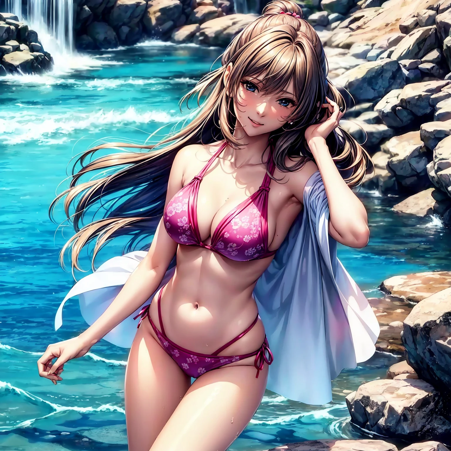 (((highest quality、masterpiece、very high resolution))),(There is a woman with perfect and ultimate beauty.,beautiful figure,beautiful face,beautiful skin,beautiful breasts,Well-formed eyes and nose),(smile,open your mouth,cheeks are red),(beautiful hair,best hair texture),(Beautiful breasts with a slender body shape:F cup,Best skin texture,),((cute bikini:color and pattern,bikini swimwear)),(Fantastic waterside,There is a waterfall,Night cherry blossoms and lanterns,mysterious night sky、beautiful scenery,There's a sense of dynamism.,the wind is blowing,natural light)、(water play,beautiful pose,model shoot),(realistic portrait,bijinga),Overall image、accurate anatomy、Image without defects、highly detailed images、accurate image、beautiful images,perfect image、beautiful anime woman, beautiful art style, anime character、(best shot,RAW photo)、
