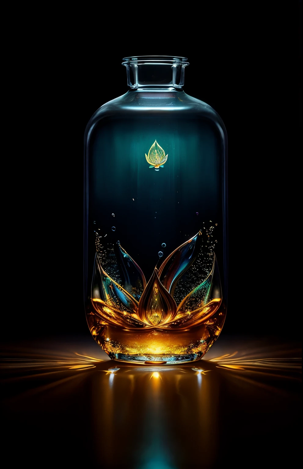 lotus in a bottle, fluffy, realistic, atmospheric light refraction, By lee jeffries camera Nikon d850 film stock photo 4 camera kodak portra 400 f1.6 lens rich colors hyper realistic lifelike texture dramatic lighting unreal engine trending on artstation cinestill 800, Style-Glass