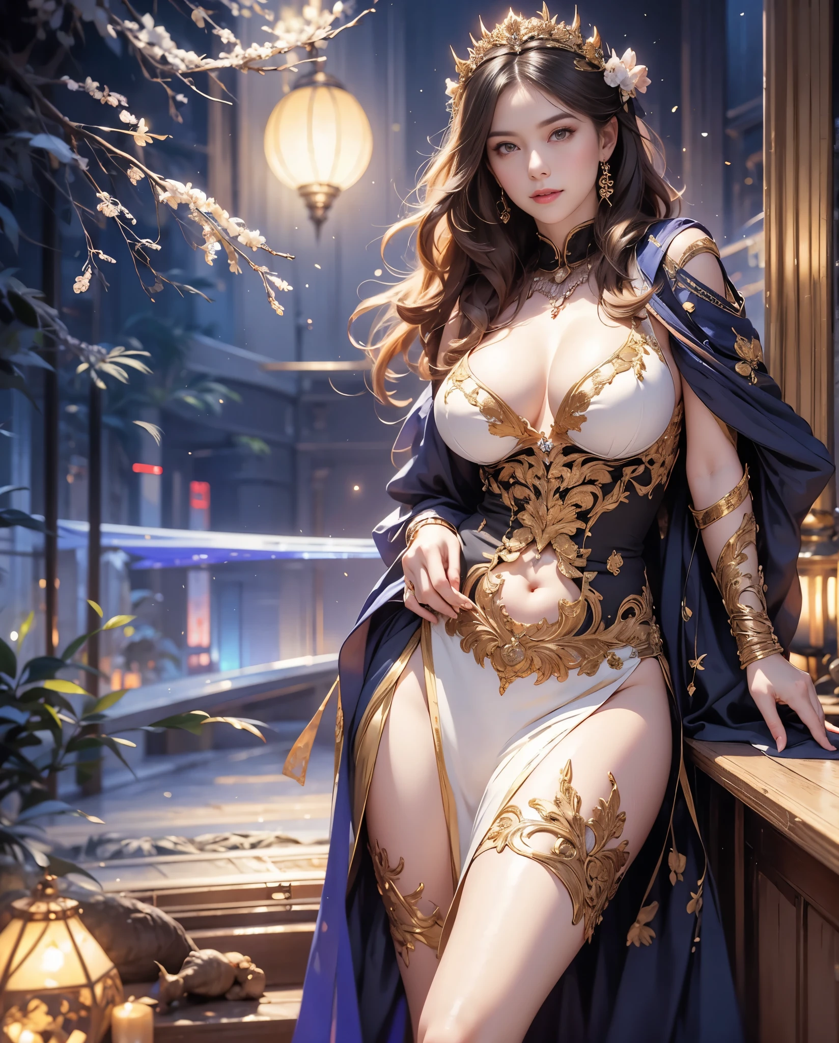 highest quality, masterpiece, Attention to detail, realistic, 1 girl, under the moonlight、beautiful princess, big breasts, big hips, long legs, sexy, whole body, Blissful smile