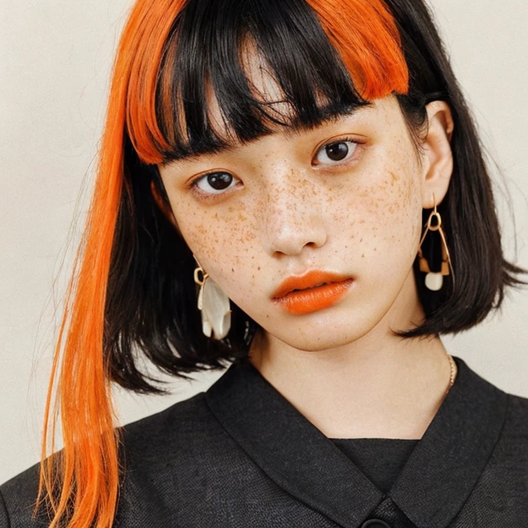 women are beige,20 year old woman、black eyes、bangs、short straight hair、black and orange mix hair color、freckles、minimalist、Has a retro feel、fashion editorial