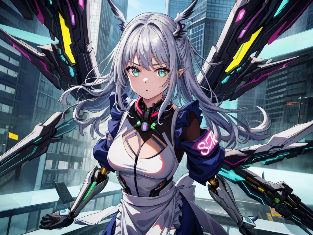 highest quality、very詳細な、masterpiece、Super detailed、enlightenment、((1 girl))、silver hair、hair length、floating hair、、cyber city、Neon building、(Upper body:1.05)、very_become familiar with_eye_and_face,cybernetic wings mechanical wings、random posture、Skyscraper、、Mechumusume、shrine maiden costume,Maid clothes、random angle、anime style,cowboy shot