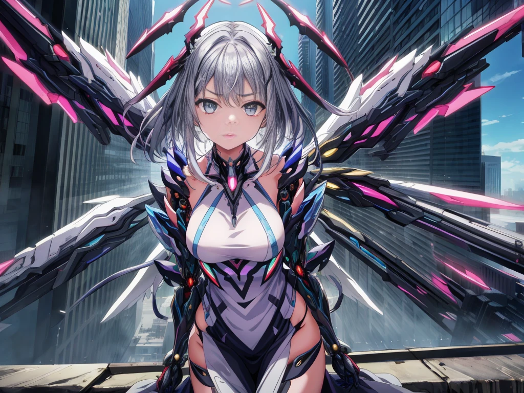highest quality、very詳細な、masterpiece、Super detailed、enlightenment、((1 girl))、silver hair、hair length、floating hair、、cyber city、Neon building、(Upper body:1.05)、very_become familiar with_eye_and_face,cybernetic wings mechanical wings、random posture、Skyscraper、、Mechumusume、shrine maiden costume,Maid clothes、random angle、anime style,cowboy shot