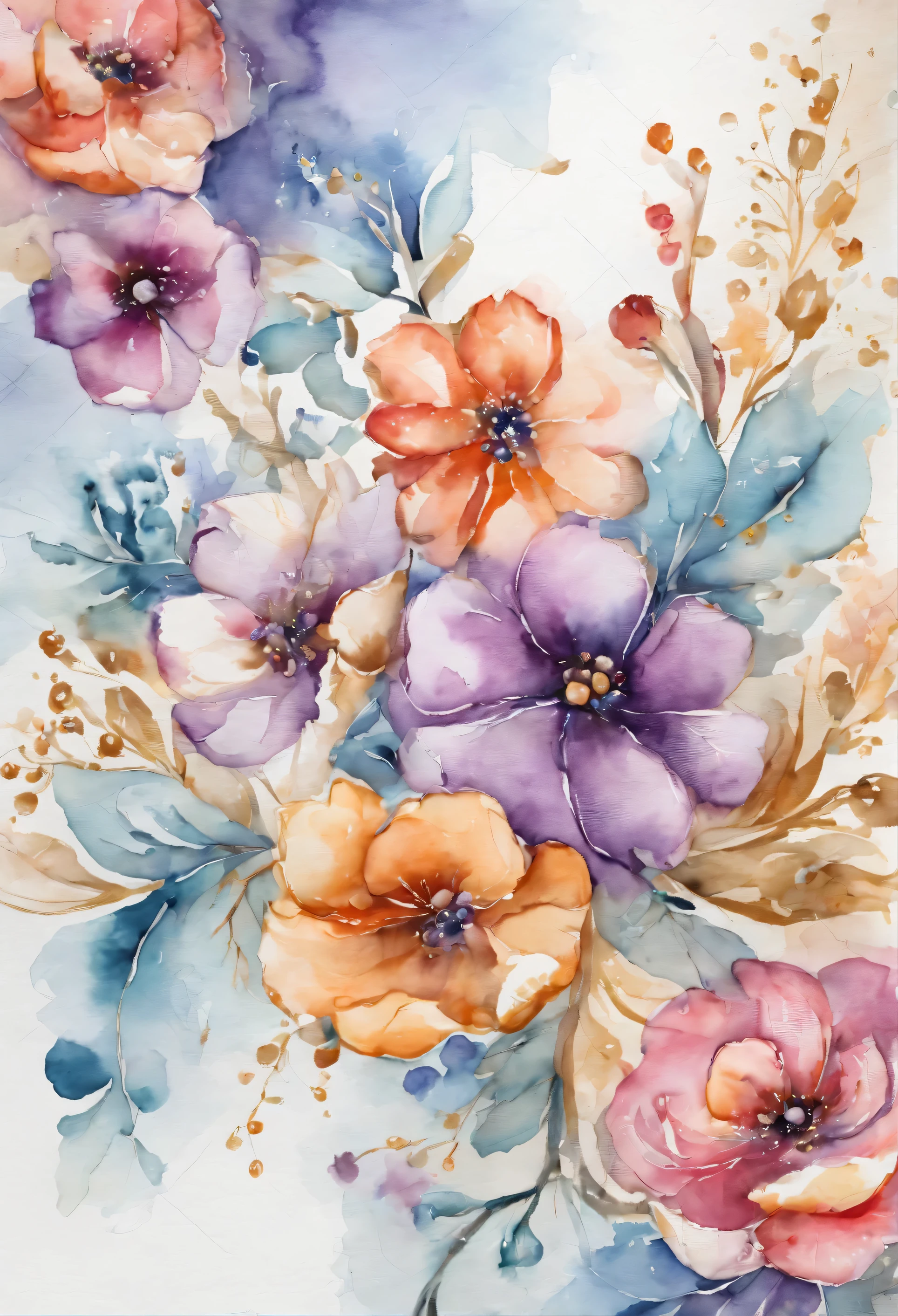 A fabric with a detailed and colorful floral pattern, alcohol ink effects pastel colour with golden line around the ink, art flowers, pearl beads, detailed decoration, highly details on white marmar background, blue purple theme