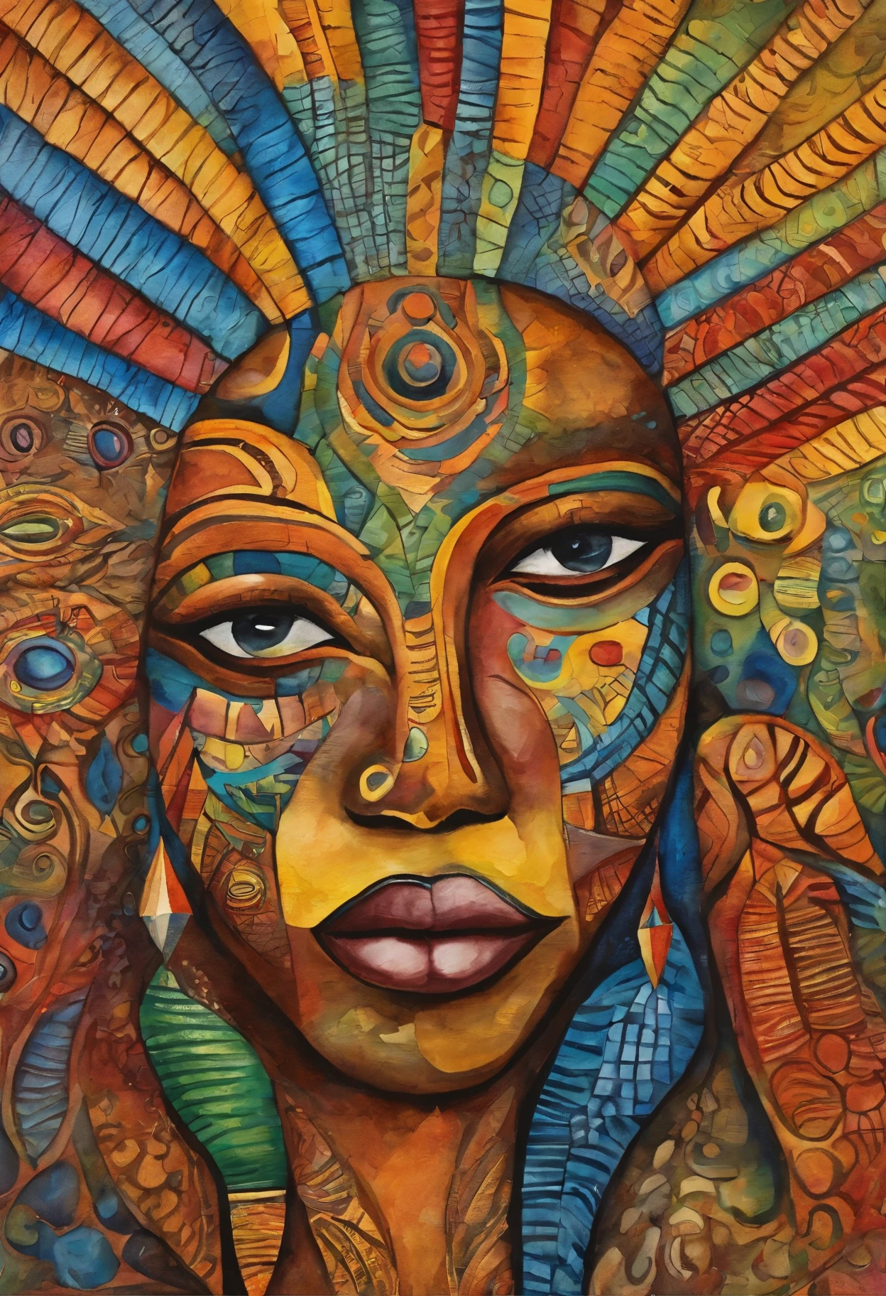 a close up of a with a colorful face and a yellow background, afrofuturist, symmetrical painted face, african fractals, afrofuturism, vibrant eyes, african arts, african, tribal face paintings, gorgeous art, intricate face, tribal facepaint, afro-psychedelia, painted face, african arts magazine, african facial features, beautiful intricate face