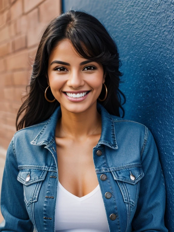 a smiling latin woman wearing a blue denim jacket, realistic photo, sharp focus, 4k resolution, full photo, blue background