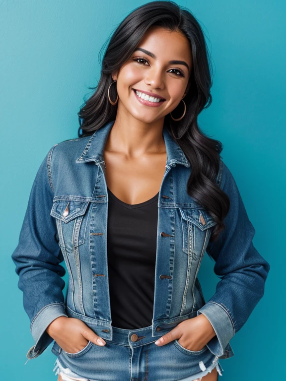 a smiling latin woman wearing a blue denim jacket, realistic photo, sharp focus, 4k resolution, full photo, blue background