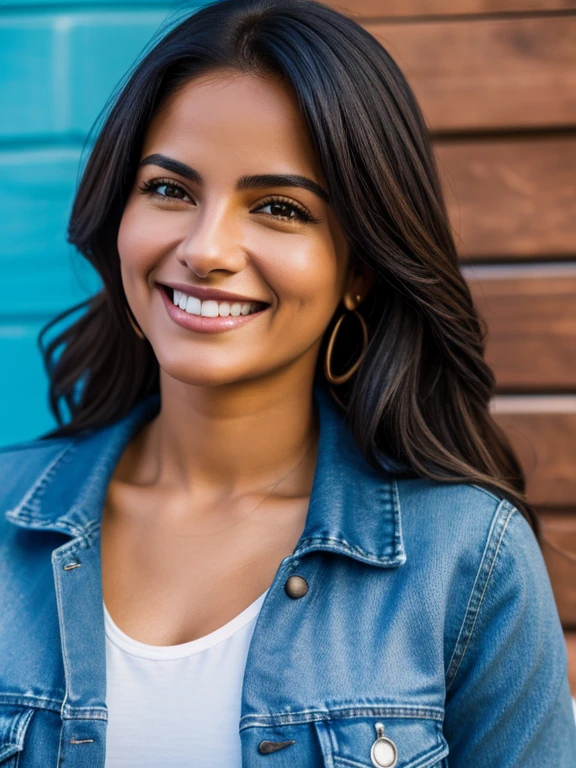 a smiling latin woman wearing a blue denim jacket, realistic photo, sharp focus, 4k resolution, full photo, blue background