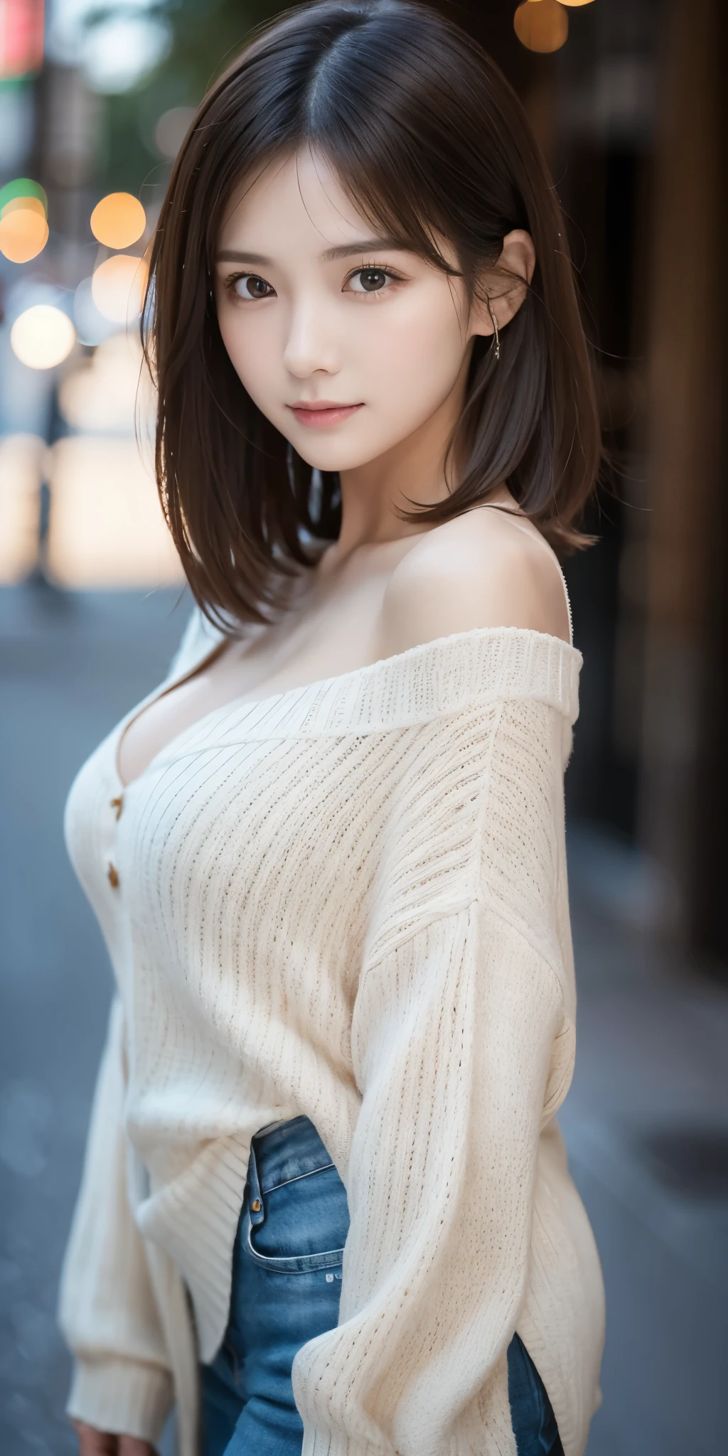 Ultra HD, upscale, first class quality, Super detailed, Reality, 8K, RAW photos, best quality, masterpiece, Attractive girl, pretty girl, Brown hair, Shoulder-Length Layering, Japanese Idol, complicated, fashionable, Women&#39;s shirts, Model posing, White knitwear