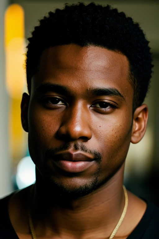 (best quality, highres, vivid colors, professional), Fujicolor Pro lifestyle photography, portrait of a black man, expressive anticipation, close-up of the face, soft low lighting, high angle shot