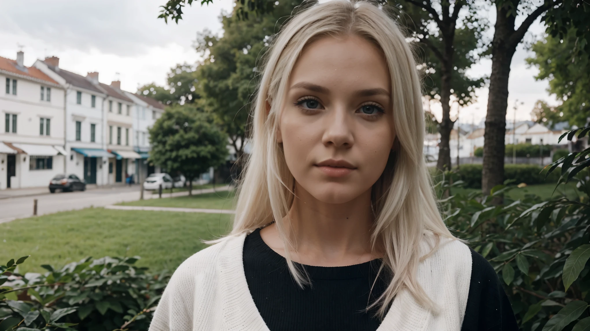 Mujer rubia talla L, con ojos azules y cabello blanco con un abrigo negro., chica perfecta de pelo blanco, chica con pelo blanco, white hair lady, Mujer sueca rubia, una chica con cabello rubio, chica con pelo corto y blanco, portrait of nordic girl, Joven rubia, pelo rubio ojos azules, Beautiful Nordic woman, cabello rubio y ojos azules, color de pelo blanco, rasgos rubios y atractivos, ultrarealista, mirando la ciudad, foto real, altos detalles, manos perfectas, perfect anatomy, muy delgada, a 2 metros de la camara, photo taken with a low resolution mobile