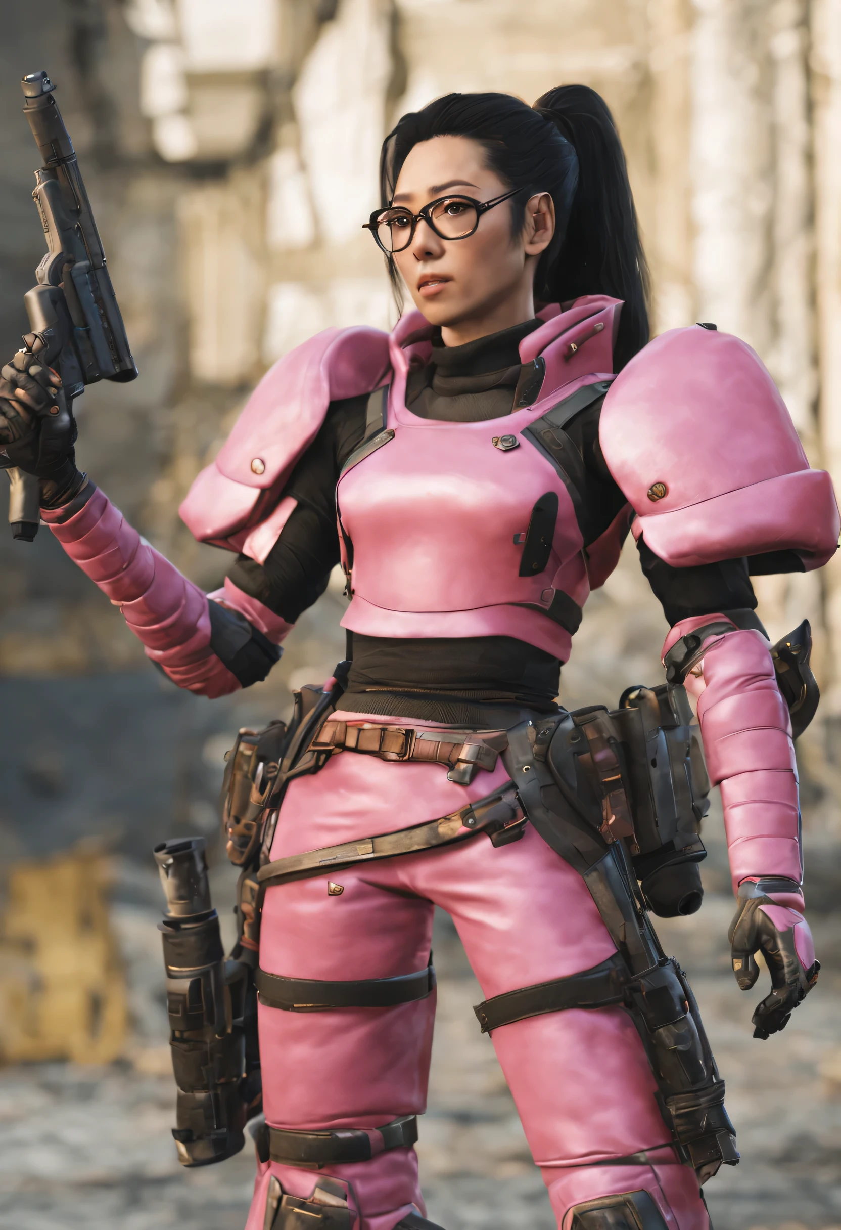 Black-haired Japanese woman wearing pink armor, long ponytail, clear lens pink glasses, Fallout 76