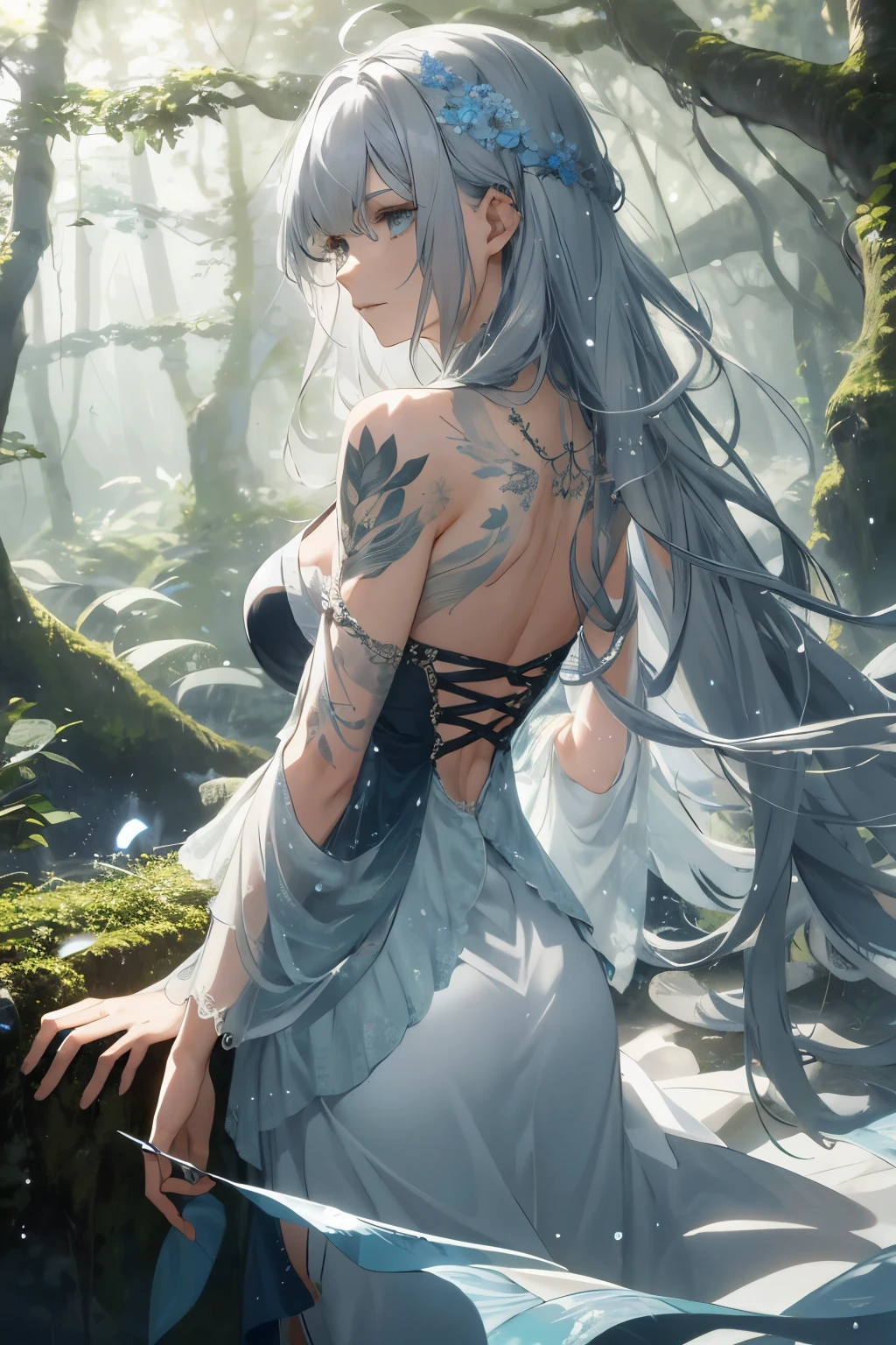 Ultra-realistic 8K CG, masterpiece, best quality, a woman, lost in thought, ethereal expression, long, wavy silver hair cascading down her back, delicately detailed face with profound gaze, intricate tattoos adorning her arms, shedding reality as she drifts away, surrounded by a mystical forest with droplets of water trickling from leaves, gentle wind rustling through branches, dappled sunlight filtering through canopy, capturing the essence of losing oneself, the forget-me-not flower blooming at her feet, imagination taking over, the world around fading into insignificance, the ultimate indulgence in introspection