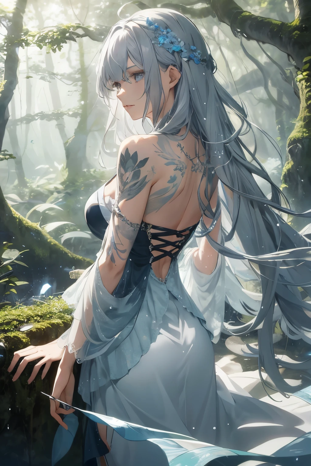 Ultra-realistic 8K CG, masterpiece, best quality, a woman, lost in thought, ethereal expression, long, wavy silver hair cascading down her back, delicately detailed face with profound gaze, intricate tattoos adorning her arms, shedding reality as she drifts away, surrounded by a mystical forest with droplets of water trickling from leaves, gentle wind rustling through branches, dappled sunlight filtering through canopy, capturing the essence of losing oneself, the forget-me-not flower blooming at her feet, imagination taking over, the world around fading into insignificance, the ultimate indulgence in introspection
