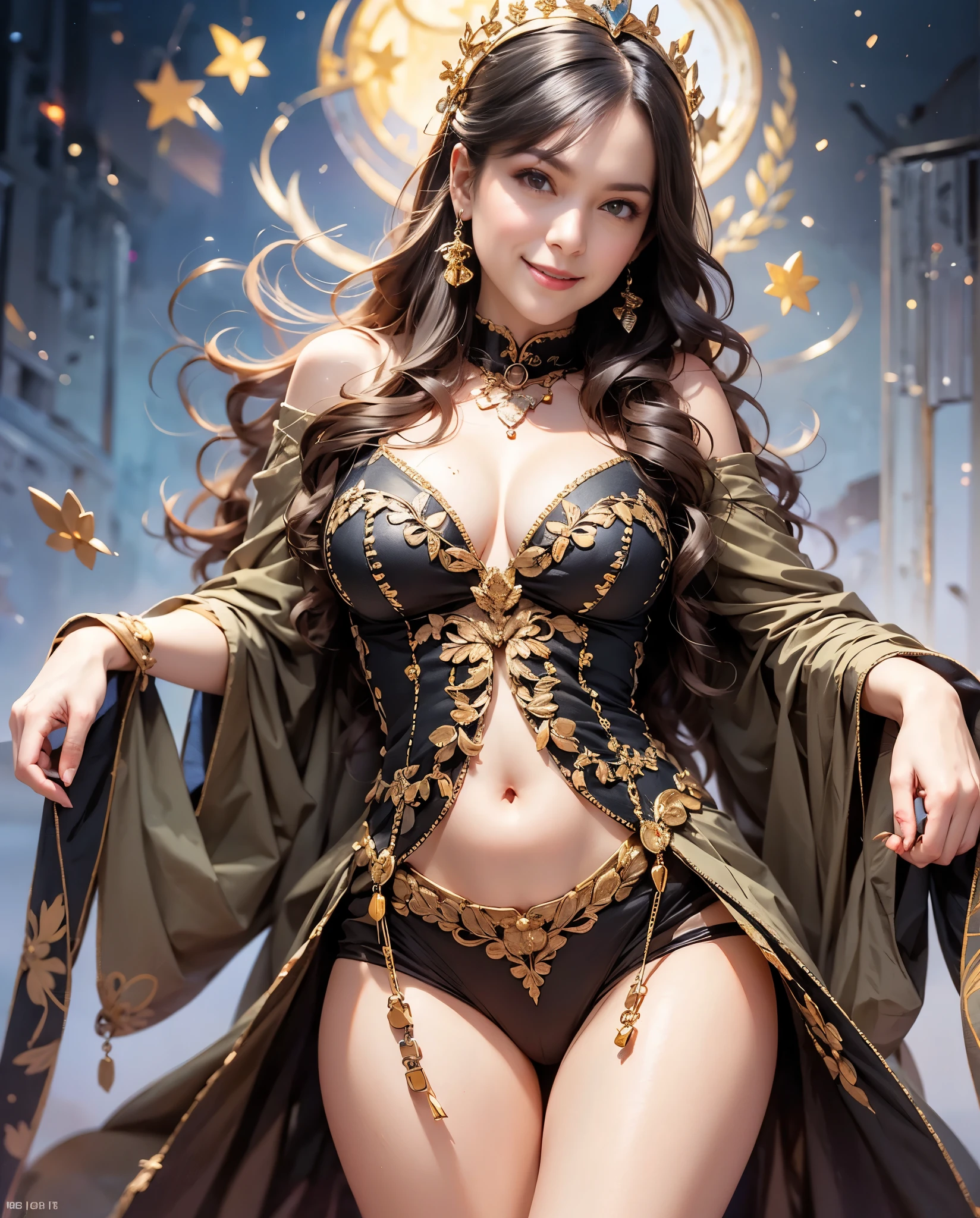 highest quality, masterpiece, Attention to detail, realistic, 1 girl, under the moonlight、beautiful princess, big breasts, big hips, long legs, sexy, whole body, Blissful smile