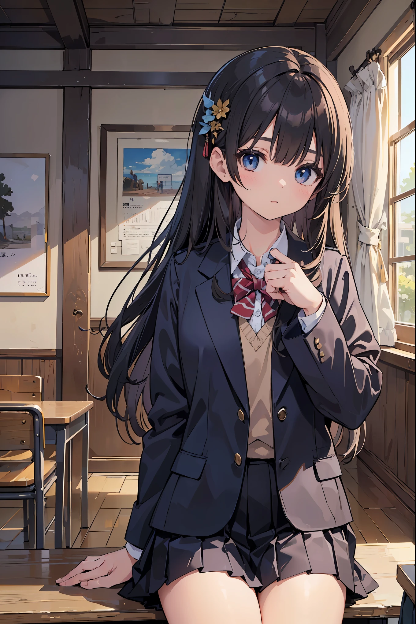 Very detailed、(8k, RAW Photos, highest quality, masterpiece:1.2), (Very detailed 8k wallpaper),shape、Professional Lighting,Sharp focus, Written boundary depth、
Browsing Caution、Clear Eyes、Perfect Anatomy、With a girl、、confusion, blazer, School,, Short skirt,Face close-up,hair ornaments、imminent kiss,Plump thighs、