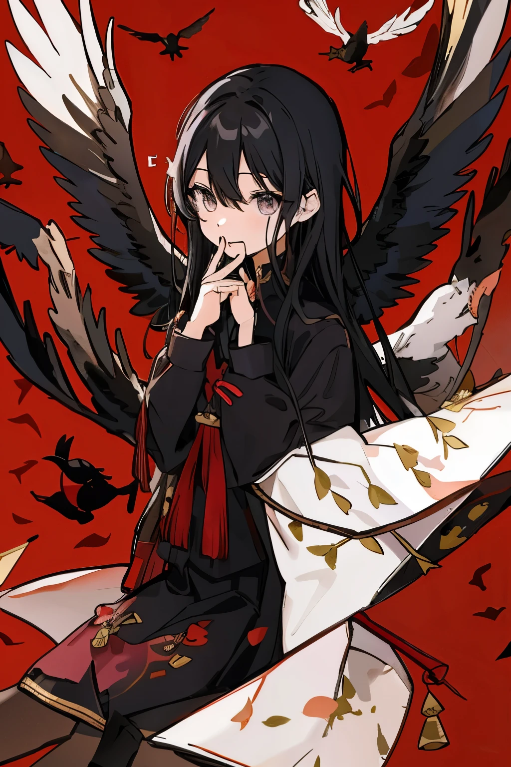彼女の周りを飛んでいるCrowの黒いシルエット, Cute girl anime visual, one girl, 4k, skirt, Girls' Frontline CG, 4k manga wallpaper, small details.4k anime wallpaper, rorish、black hair、long hair、Crow、whole body、Landscape、dark、空がdark、beautiful eyes