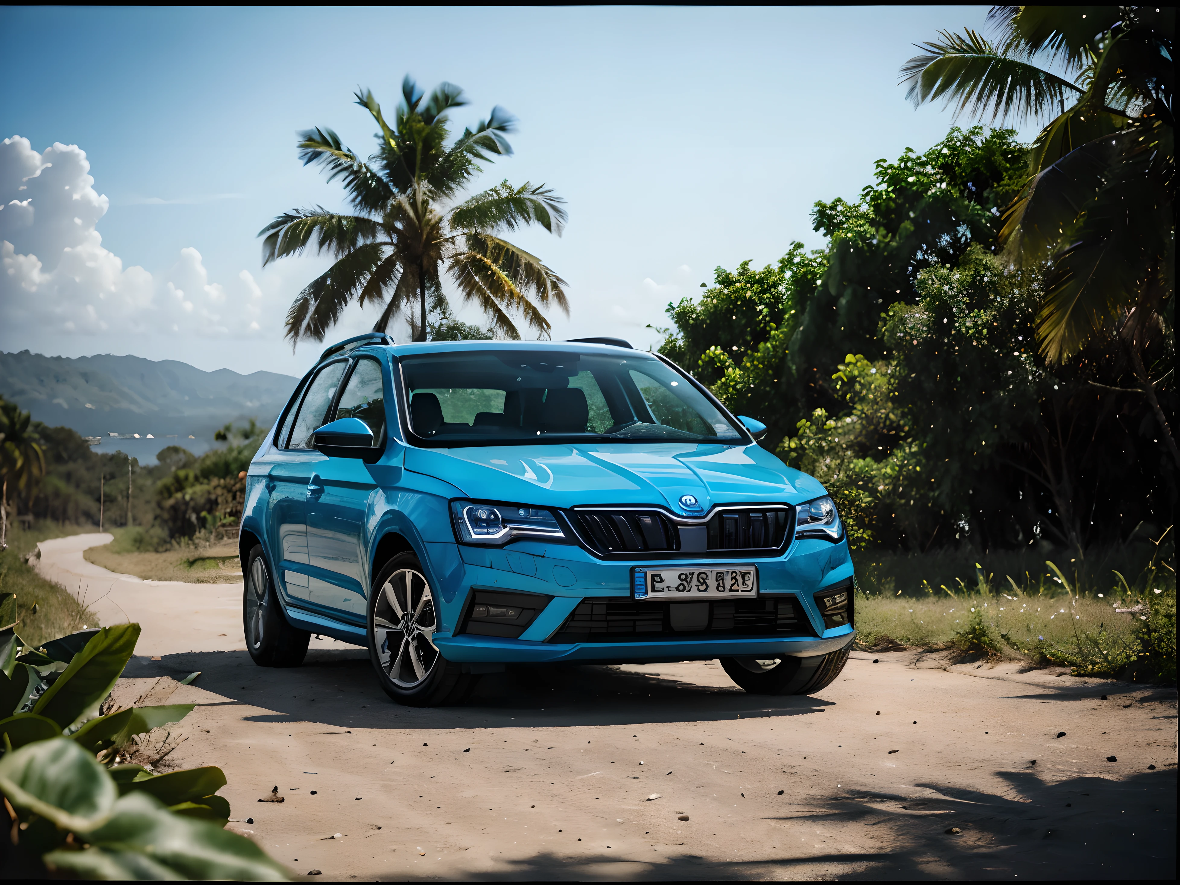 Blue Skoda Octavia from 2019 on a tropical beach with a dense jungle on the horizon, taken with a 80s polaroid, distorted, grain, dramatic, blurred background