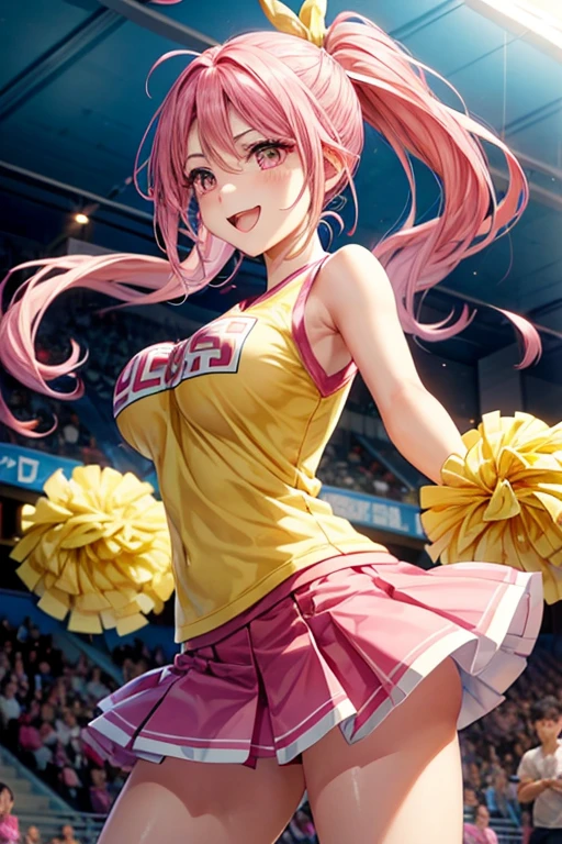 One female、pink hair、pink eyes、long ponytail、yellow ribbon、cheerleader、open your mouth、smile、Basketball Venue、Yellow pompons、big breasts、One female、Full support、best style、beautiful legs