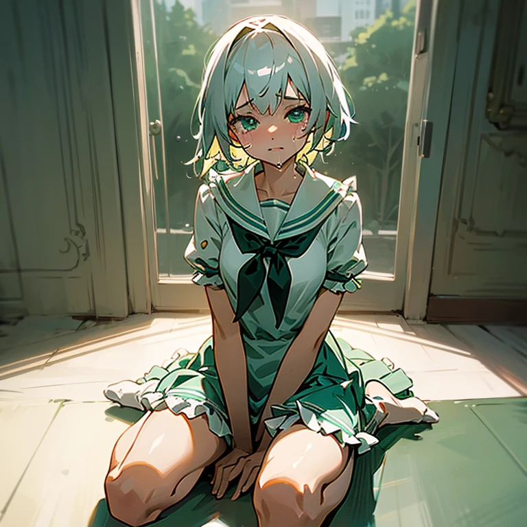 Ultra high precision、high resolution、(Naked girl sitting on the floor with her legs spread apart:1.4)、Pretty face、silver hair、pubic hair is growing、 ((While crying))、smaller breasts、empty eyes ((white mucus dripping from genitals))..、In the ruins、(Light green short-sleeved dress with frills and sailor collar:1.4)、、
