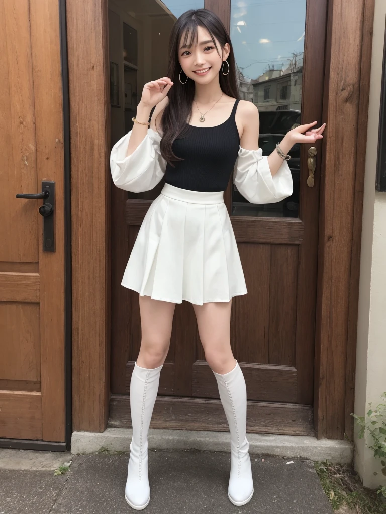 masterpiece、Super masterpiece、Super high quality、Ultra high definition、Super detailed、double eyelids、tear bag、earrings、white blouse、long skirts in bright colors,、20age、cute、Outstanding style、knee high socks、boots、bracelet、Winter clothes、indoor、dim lighting、sexy pose、smile、body whole、body wholeが写る写真、standing pose、smile、ブラウンヘア
