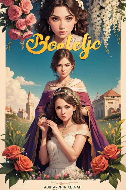 UM CARTAZ DE CIMENA, CARTAZ DE TEATRO, COM FLORES NAS BORDAS, ALTA QUALIDADE, HOLLYWODD, DISNEY