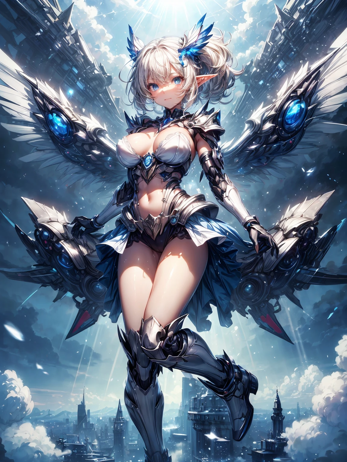 (masterpiece、highest quality, wonderful, very detailedティッカーユニティ、8k wallpaper, Depth of written boundary, Ultra-fine illustration:1.5)、。.。.3D, very detailed, (Full body Esbian、Mecha elf girl:1.3), sci-fi battlefield, Hawken, smile, open your mouth、short ponytail hair, (white blonde hair, deep blue eyes:1.2), sparkling eyes, cute顔, cute, big breasts, delicate hair, messy hair, (((Flying high in the sky))、blue sky, White cloud), shiny hair, shiny skin, (Symmetrical mechanical winetallic colored mechanical wings that are widely expanded to the left and right so that they protrude wonderfully from the screen, bite, white hair ornament), (particles of light, cinematic lighting: 1.3), (pale pink lips: 0.8), by Yusuke Murata.