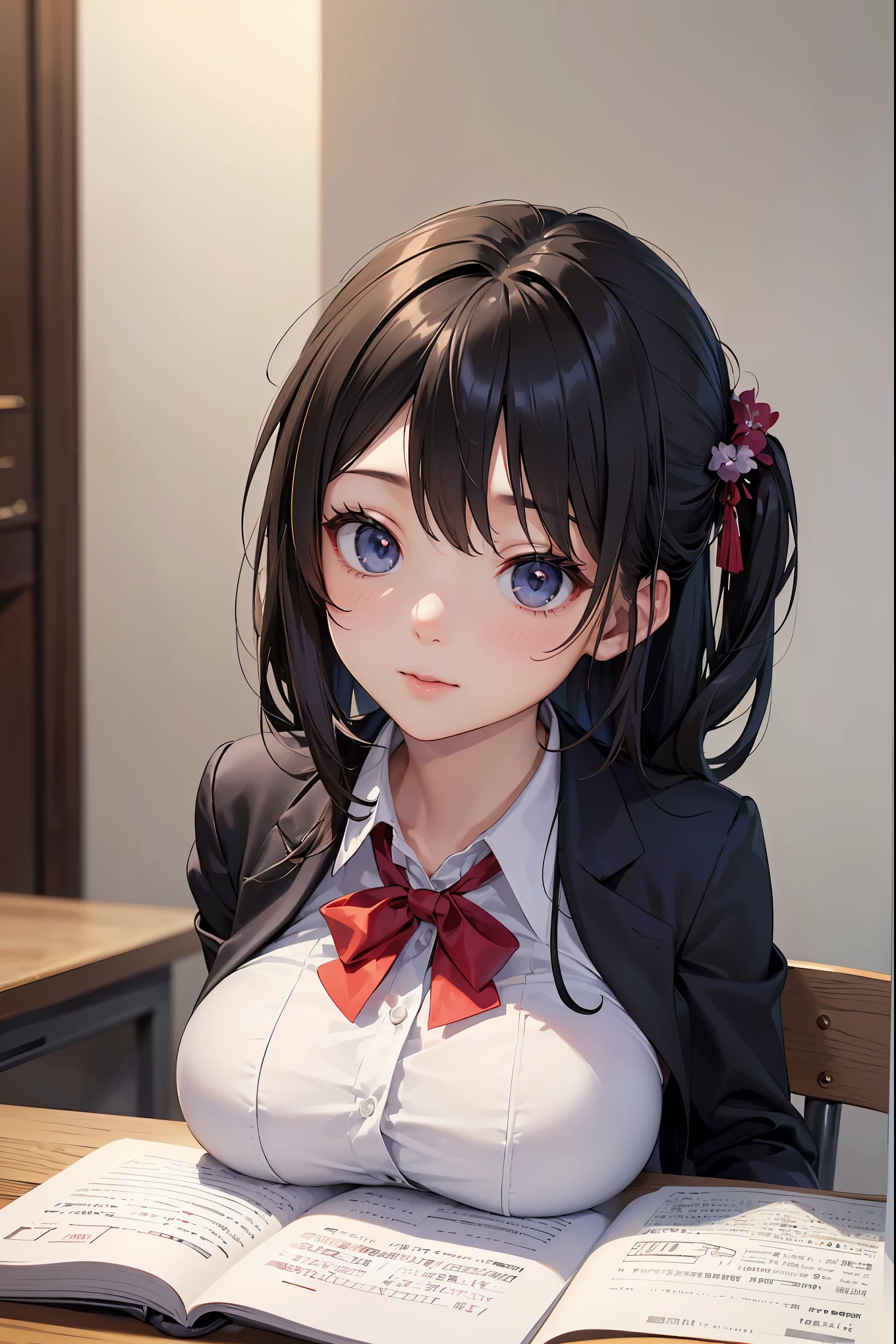 1 girl, ((((masterpiece))), highest quality, highest quality, Haisole, 1 girl, A neat uniform that is popular in Japanese uniform design、The most realistic high school girls' uniform with attention to material texture and detailed design.、 School uniform, cute hairstyle and hair ornaments, long hair, black hair, Realistic, complex and detailed eyes、A girl whose complex and uneven surfaces are realistically reproduced.、, alone, red, 濃い青色のブレザーにredい細いリボンが付いています, Plain white button shirt under blazer, figure, comics, pleasant tone, calm colors, soft movie-like light, Adobe Lightroom, photo lab, HDR, complex and highly detailed, (((Depth of bounds written))))). (((masterpiece))). (((highest quality))).) ((Super detailed))). (((figure))). (((indoor))). (((chestに手を当てる)))). chest,(((room))).dynamic focus.均整の取れたバランスの良いchest.
