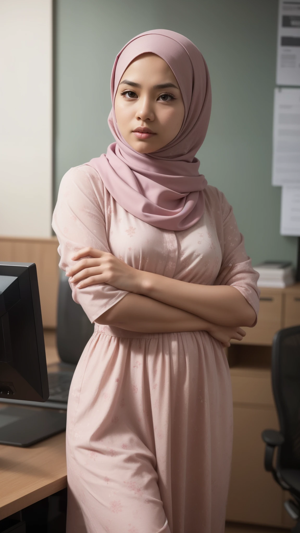 there is a young Malay woman with pastel pink hijab and a pink turtleneck shirt. Sitting. at office desktop.