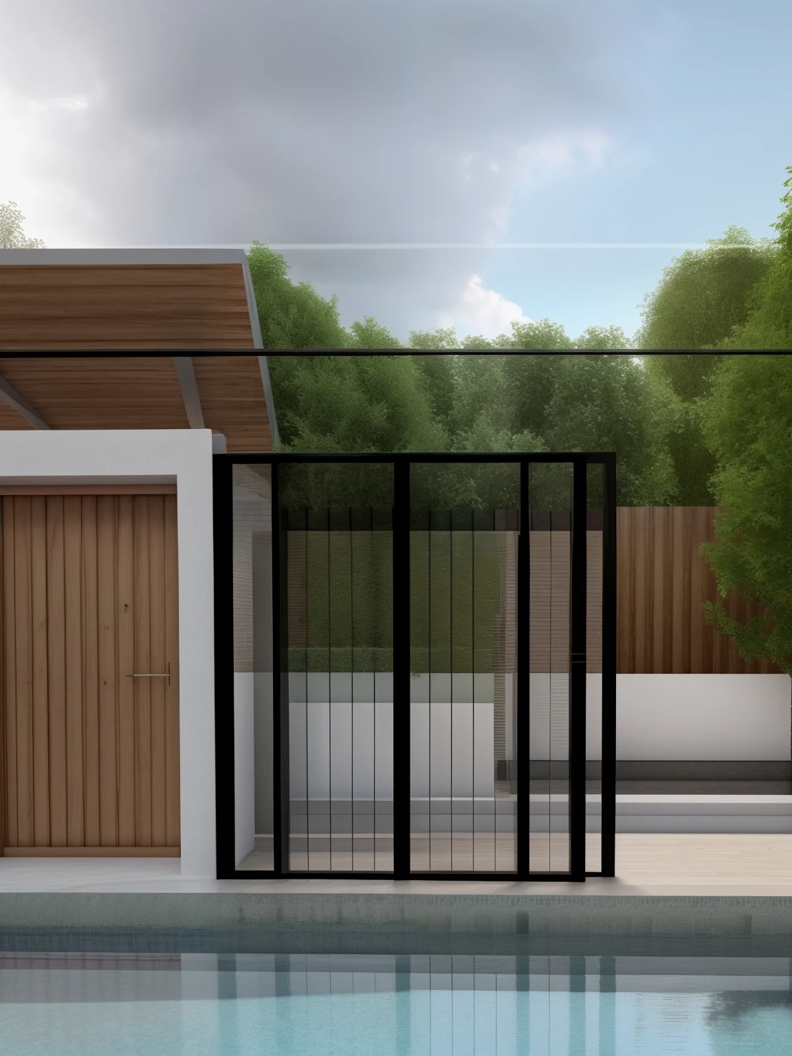 Garden villa, with swimming pool, garden in neoclassical styleClassic style, masterpiece, surreal, rendered by Vray 2023, Vantage, rendered 8k, 16k, ultra HD, iron patterned railings, doors and Wooden windows, Natural light, cloudy, daylight, fence around the house, 16K