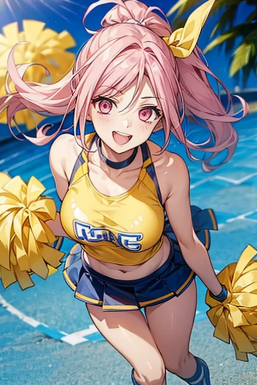 One female、pink hair、pink eyes、long ponytail、yellow ribbon、cheerleader、open your mouth、smile、blue sky、(Yellow pompons)、big breasts、One female、Full support、best style、beautiful legs、From above