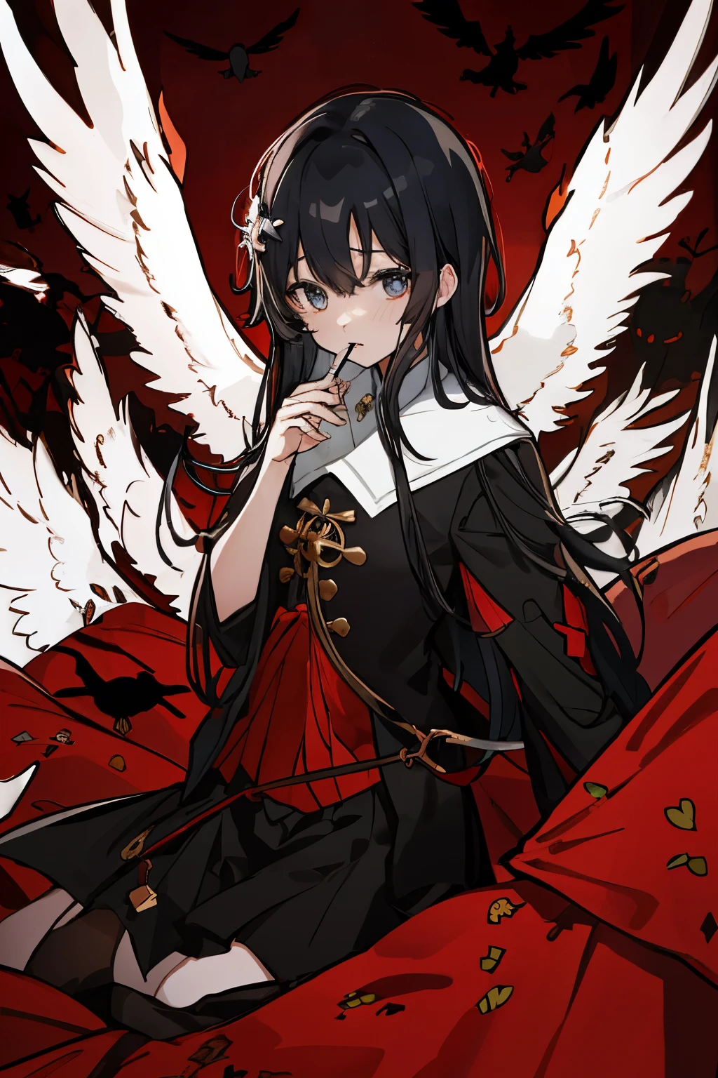 彼女の周りを飛んでいるCrowの黒いシルエット, Cute girl anime visual, one girl, 4k, skirt, Girls' Frontline CG, 4k manga wallpaper, small details.4k anime wallpaper, rorish、black hair、long hair、Crow、whole body、Landscape、dark、空がdark、beautiful eyes