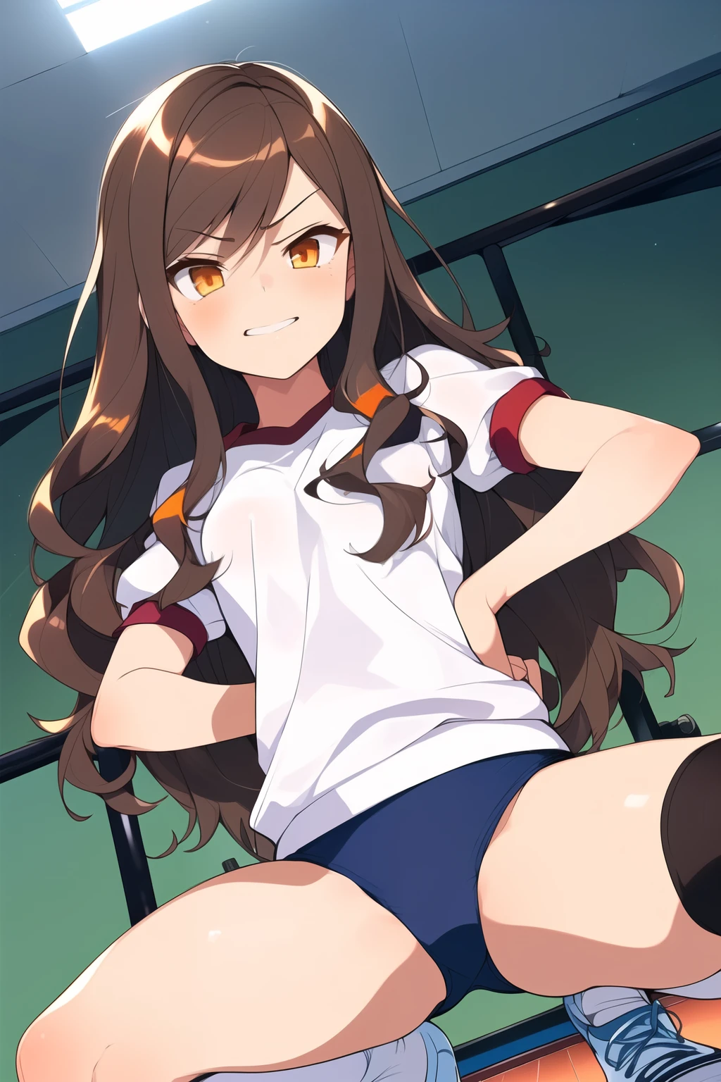 (((1girl))), ((best quality)), ((masterpiece)), ((ultra-detailed)), (illustration), (detailed light), (an extremely delicate and beautiful), (beautiful detailed eyes), (sunlight), ((extremely light)), ((extremely clothes)), (((hyper detail)))
(((gym uniform))),
,
wavy long hair, ((((dark brown hair)))), ((long hair)),
(((deep orange eyes))),
(((whole body))), aged 13 to 16,
(((condescending expression))), (mischievous smile with sexual satisfaction), (((extra adorable))), (((extra slender shape))), ((smile)),
(((extremely beautiful detailed face))),
(((squatting in the school gym))), (((((Dutch angle))))),
((())), (((from below))),
(((extremely thin thighs))), (((white socks)))