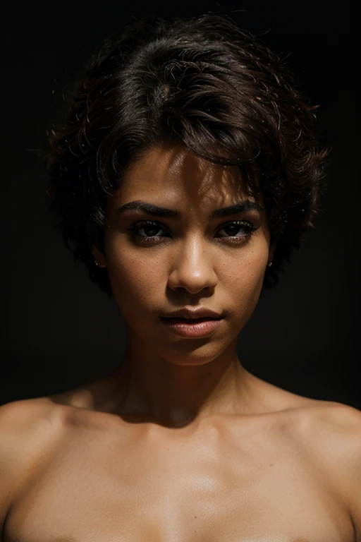 (best quality,ultra-detailed,realistic:1.37),man's portrait,beautiful detailed eyes,detailed facial features,very short hair with afro texture,piercing gaze,[perfect jawline],dark and intense background,studio lighting,vivid colors,dramatic lighting,crisp focus,portrait painting,subtle color grading, no clothes