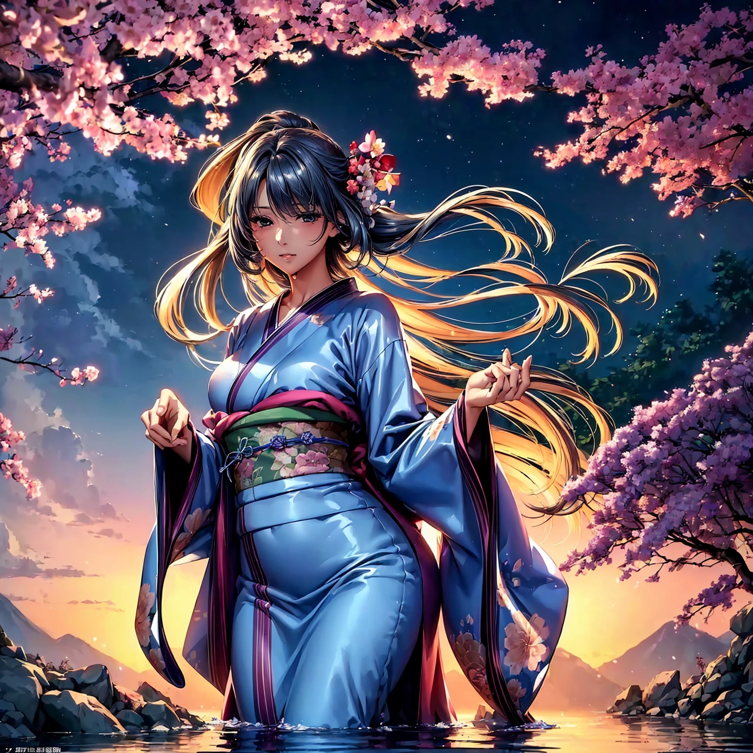 (((highest quality、masterpiece、very high resolution))),(There is a woman with perfect and ultimate beauty..,beautiful figure,beautiful face,beautiful skin,beautiful breasts,Well-formed eyes and nose)、(Beautiful body with slender figure,best hair texture,Best skin texture)、((Beautiful Japan kimono:floral and colorful)),(Fantastic waterside,There is a waterfall,Night cherry blossoms and lanterns,mysterious night sky、beautiful scenery),(water play,beautiful pose,model shoot,Hair flutters under the influence of the wind),(realistic portrait,bijinga),Overall image、accurate anatomy、Image without defects、highly detailed images、accurate image、beautiful images,perfect image、beautiful anime woman, beautiful art style, anime character、(best shot,RAW photo)、