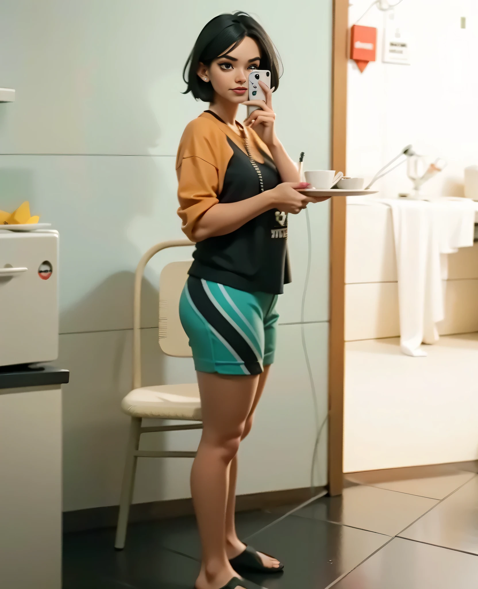 woman standing on a scale talking on her cell phone, Mulher de 30 anos, vestindo short verde, apertado, camiseta preta, handle, vestida com top preto e shorts esverdeado, vestindo uma regata e shorts, fotografia de corpo inteiro, tiro de corpo inteiro, alta qualidade, 8k.