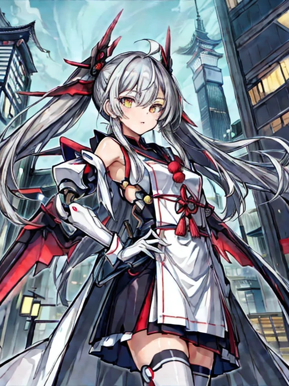highest quality、very詳細な、masterpiece、super detailed、enlightenment、((1 girl))、silver hair、hair length、floating hair、、cyber city、Neon building、(Upper body:1.05)、very_be familiar with_eye_and_face,cybernetic wings mechanical wings、random posture、Skyscraper、、Mechumusume、shrine maiden costume,Maid clothes、random angle、anime style,cowboy shot