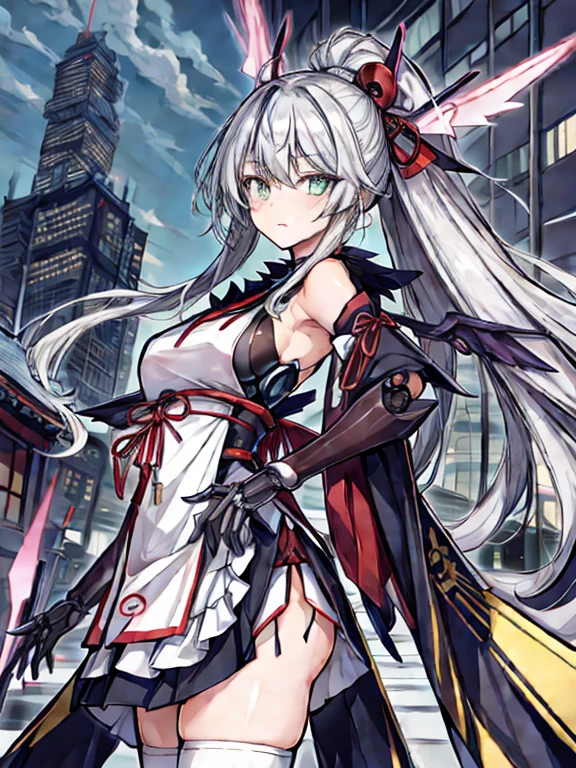 highest quality、very詳細な、masterpiece、super detailed、enlightenment、((1 girl))、silver hair、hair length、floating hair、、cyber city、Neon building、(Upper body:1.05)、very_be familiar with_eye_and_face,cybernetic wings mechanical wings、random posture、Skyscraper、、Mechumusume、shrine maiden costume,Maid clothes、random angle、anime style,cowboy shot