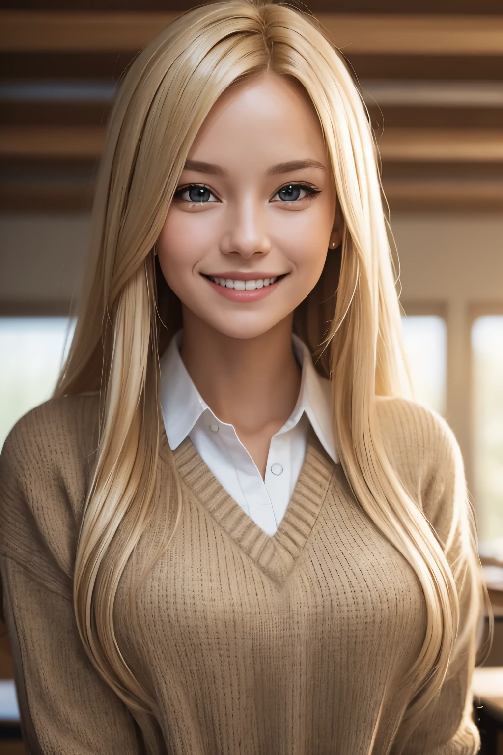 Portrait, photo, a woman smiling at the camera, long blonde hair, sweater, collared shirt, happy, approachable, natural color, blurred classroom environment, high resolution, 8k, Center Framing, woman centered, eye level, close-up shot, front view, soft lighting, natural, shallow depth of field, background blur, natural, balanced tones