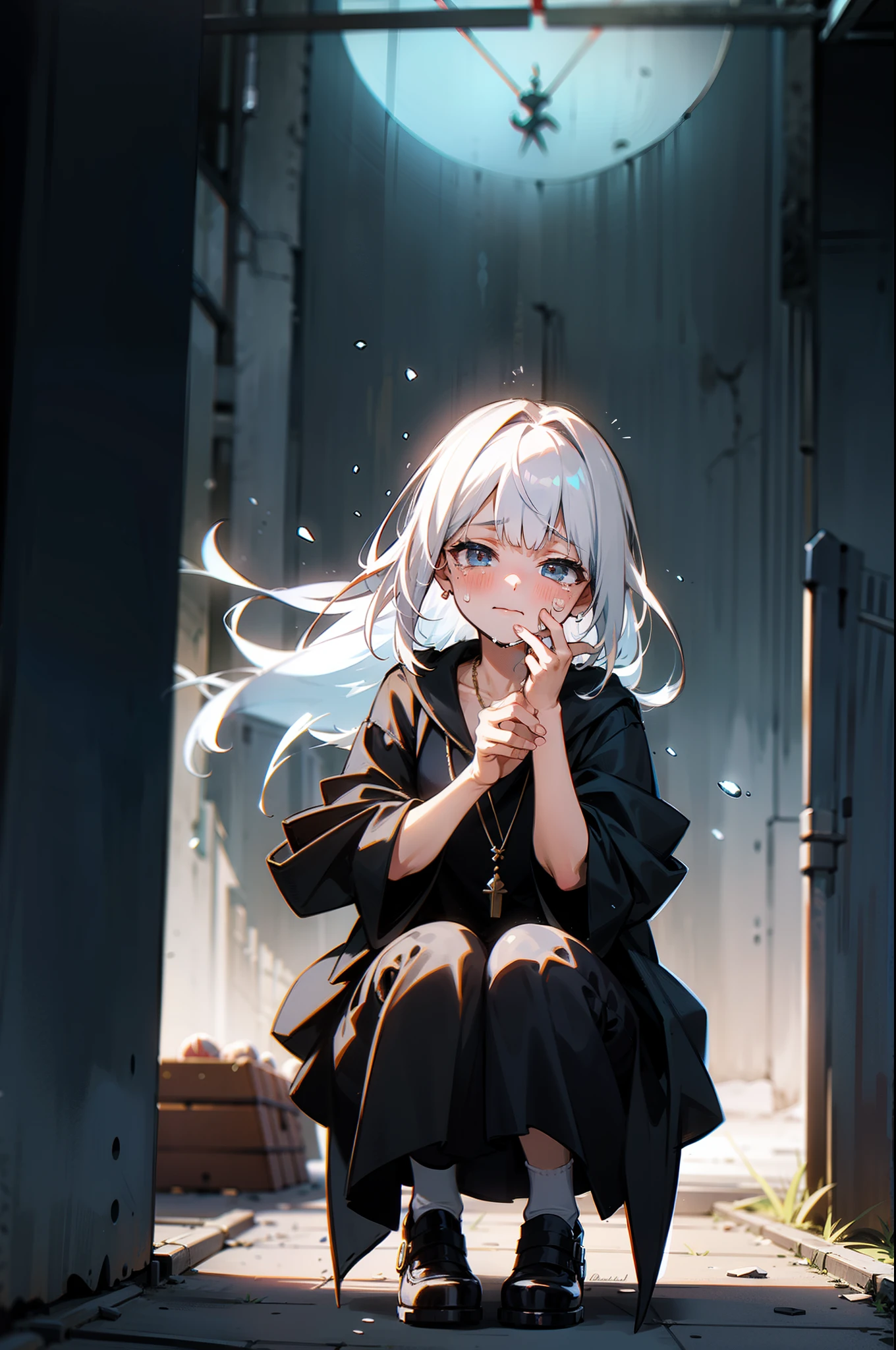 The white-haired girl who escaped from the village as a sacrifice，Squatting in the alley of the neon city，There are still tears in the corners of my eyes，Wearing a 12-hedron necklace around his neck，Clothes resemble sacrifices，Magic wind